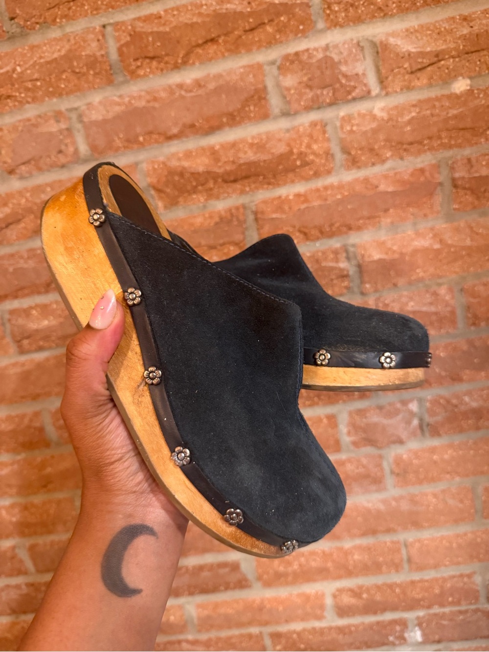 American Eagle Outfitters Black Suede Wooden Clog Mules